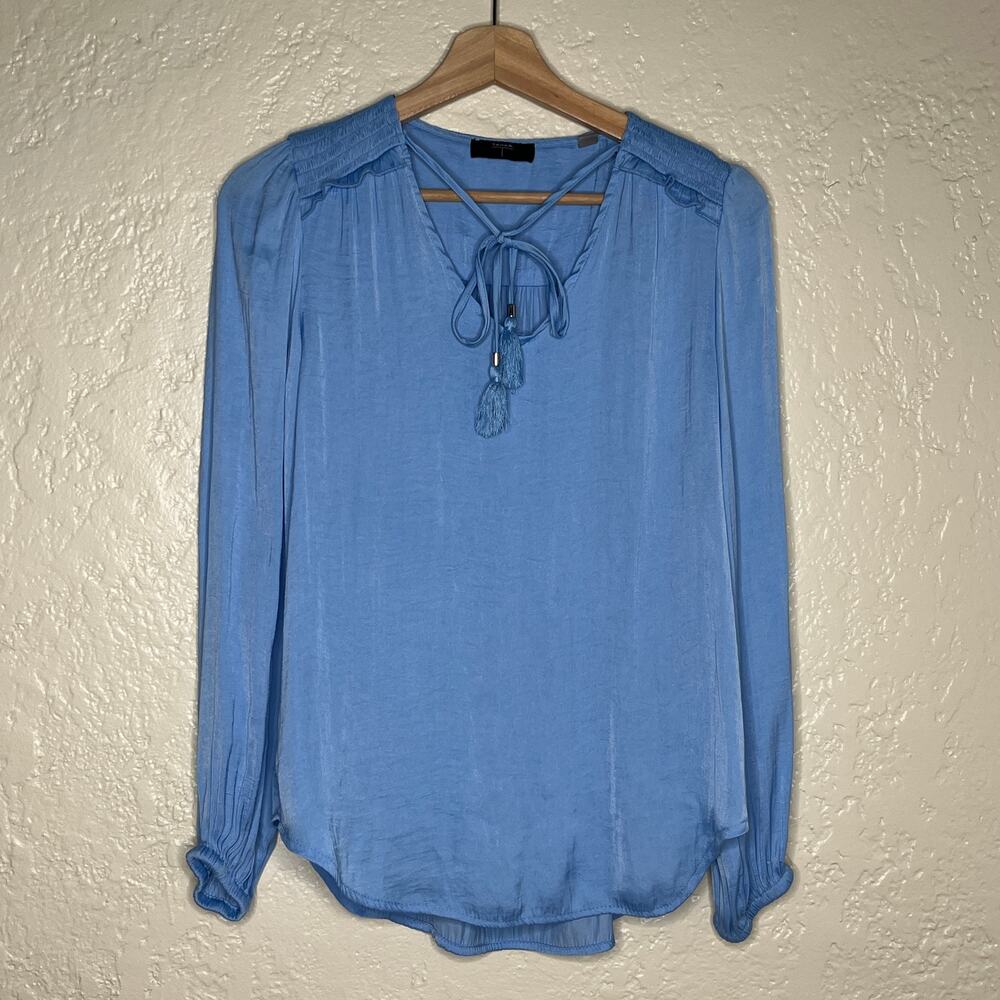 T Tahari Women's Satin Blue Pleated Tie V-Neck Long‎ Sleeve Career Blouse Small